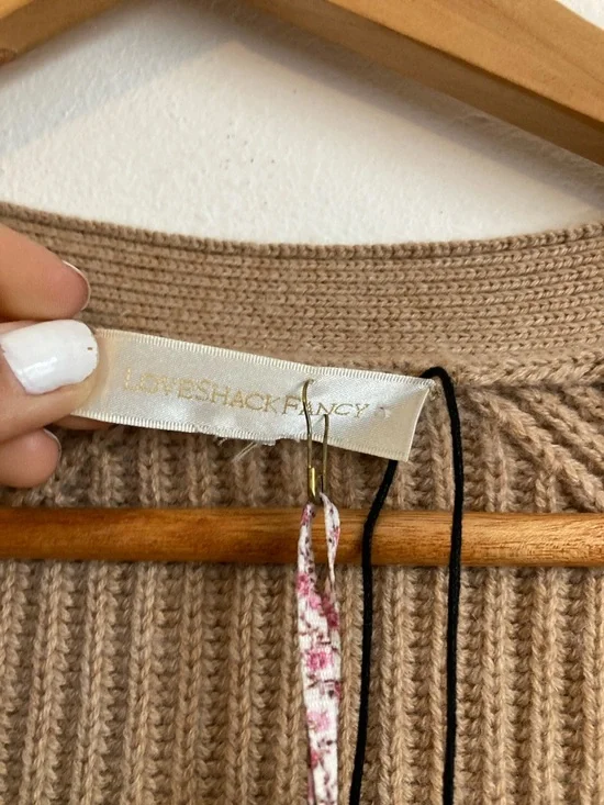 LoveShackFancy Cashmere Avignon Cropped Ribbed Cardigan in Camel Tan Medium - Picture 2 of 6